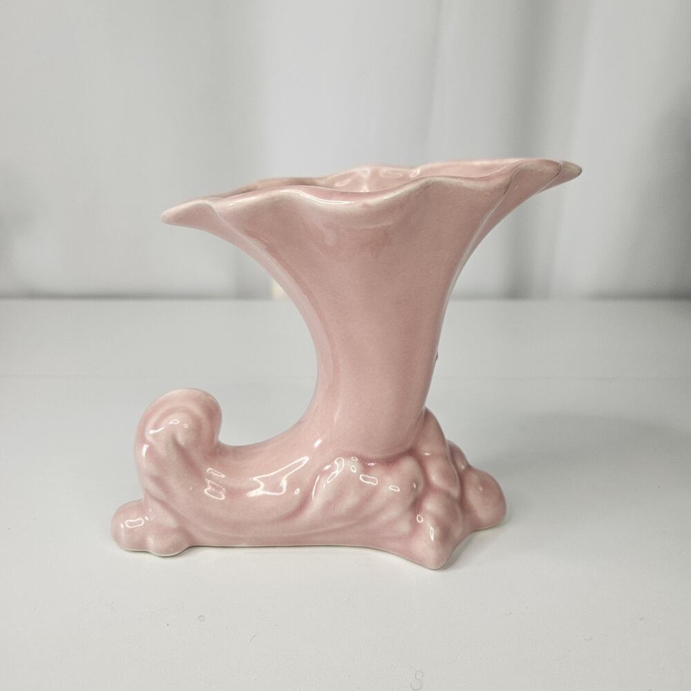 Vintage 50's Pink Pottery Cornucopia Flower Vase Mid-Century Cottage Planter